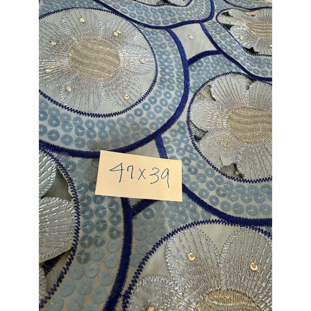African Swiss Voile Lace Fabric Remnant - Blue & White Sequin Embroidered Floral